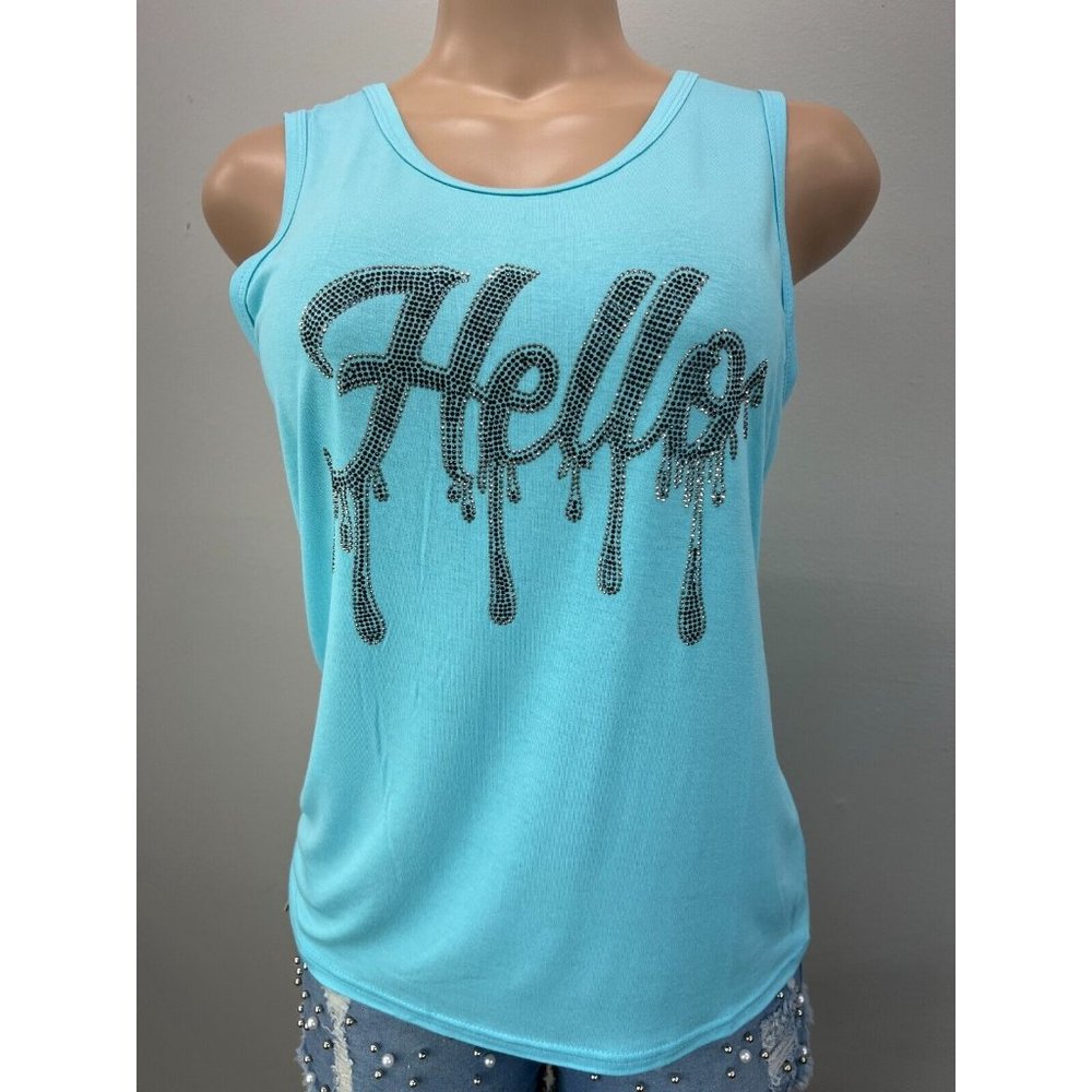 WOMEN Tank Top Shirt Sleeveless Yoga Top Rhinestone Light Blue S/M
